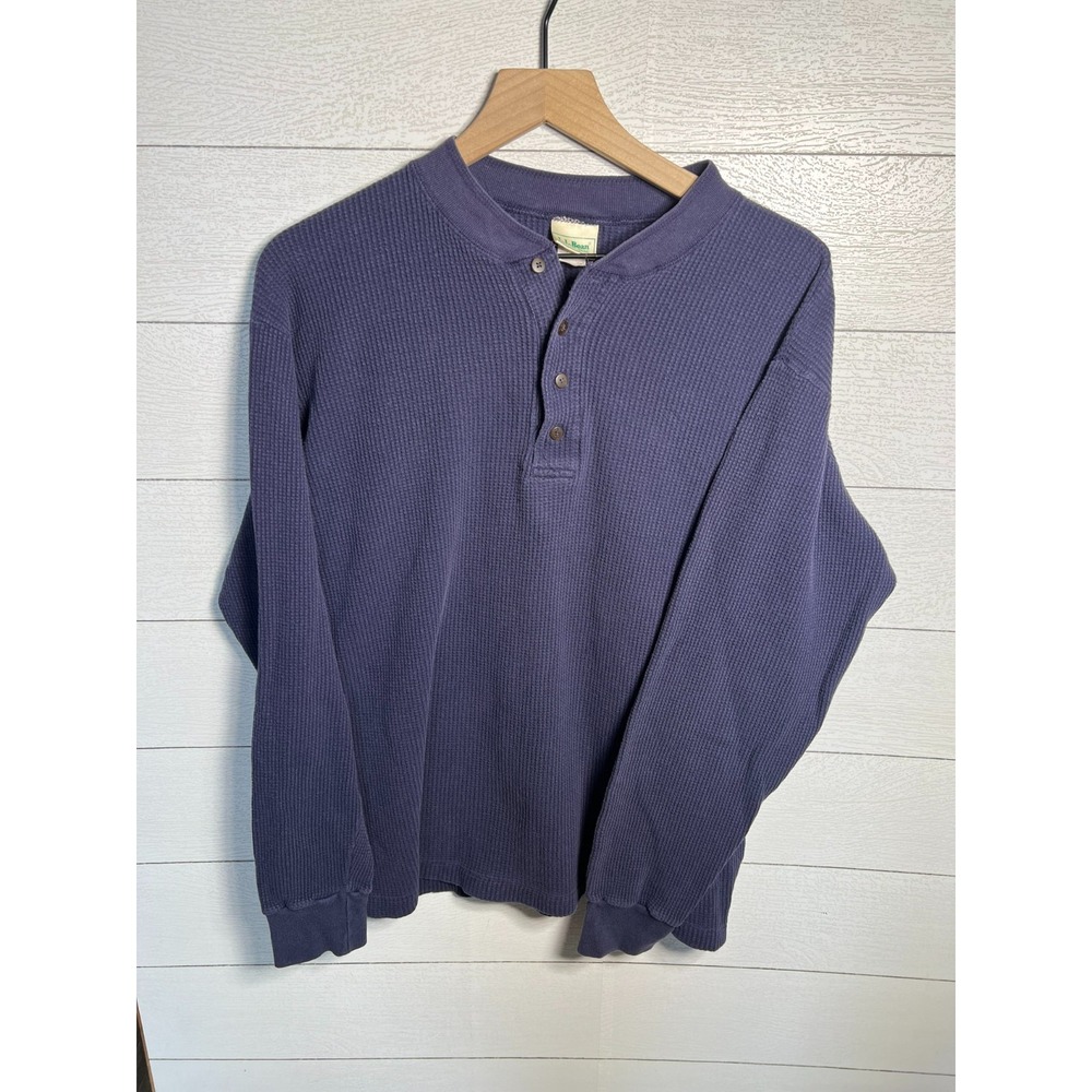 Vintage 90s LL Bean Waffle Knit Thermal Henley Shirt Men Medium Made in USA Blue